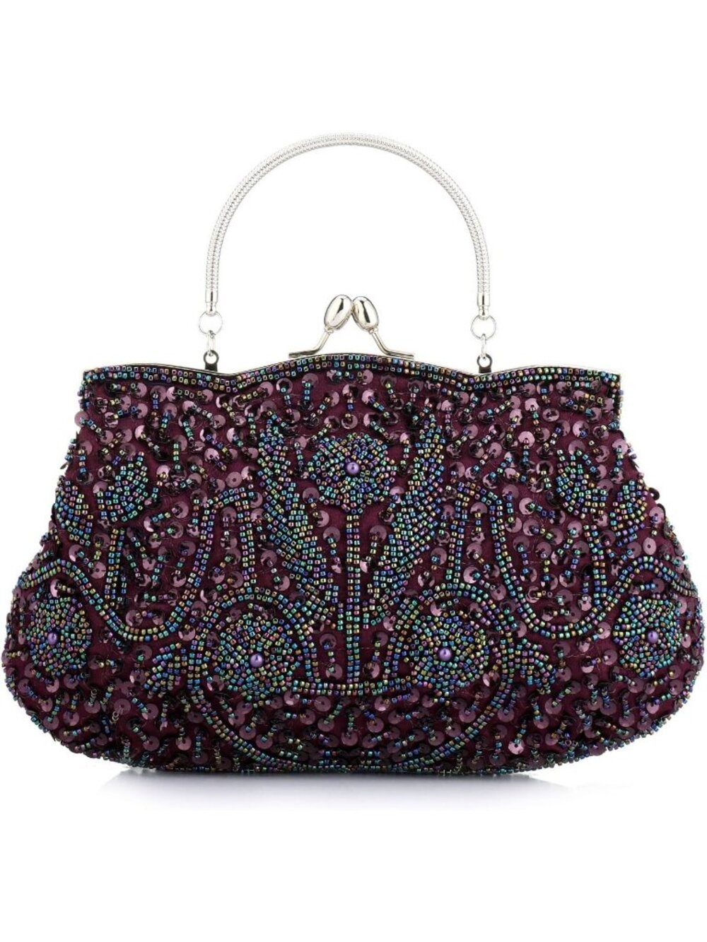 Women's Purple Beaded Sequin Floral Vintage Kiss Lock Satin Clutch Evening Bag